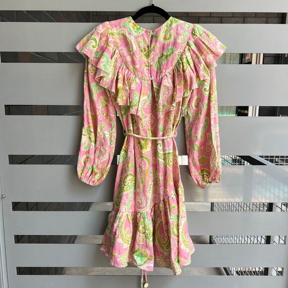 Alemais Marta Paisley Linen Ruffle Mini Dress Size 6 - Picture 3 of 7